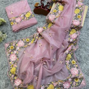 Women's Elegant Baby Pink Organza Saree with Multi-Color Floral Embroidery & Scalloped Cutwork Border – Complete with Heavily Worked Blouse Piece for Festive & Wedding Wear