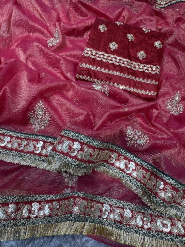 Women's Radiant Rani Pink Banarasi Crush Saree with Gota Patti & Sequin Embellished Border – Complete with Heavily Worked Blouse for Festive & Wedding Wear - Image 6