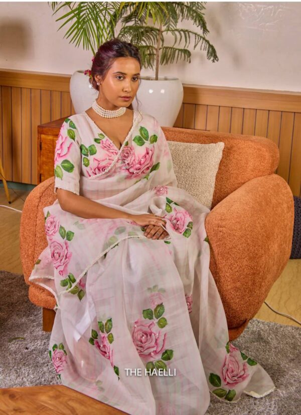Women's Elegant White Organza Saree with Hand-Painted Pink Rose Floral Print – Complete with Matching Blouse for Day & Festive Wear - Image 8