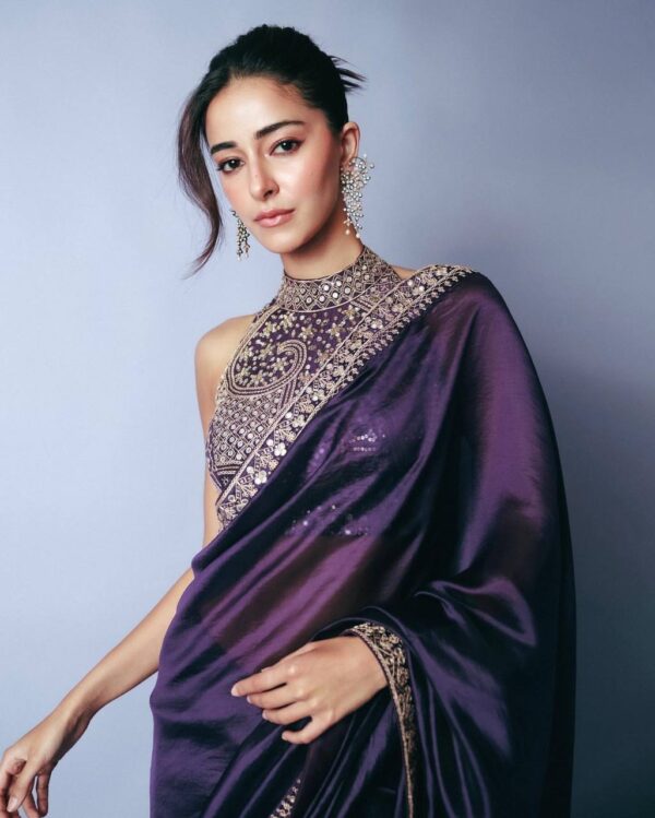 Women's Luxurious Plum Satin Saree with Intricate Zari & Sequin Embroidered Blouse - Image 7