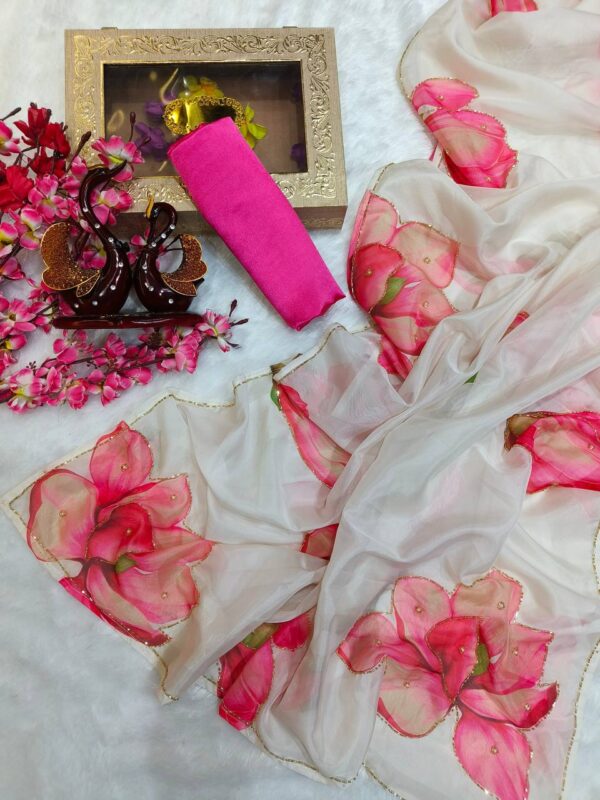 Women's Vibrant Rani Pink Floral Japanese Chiffon Saree with Hand-Painted/Printed Motifs – Perfect for Summer & Casual Festive Wear - Image 7