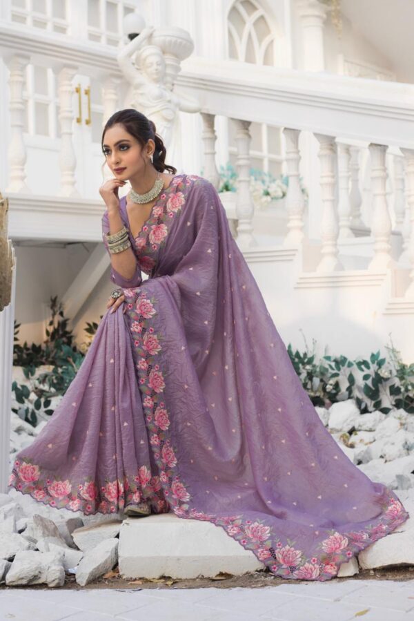 Women's Pristine White Organza Saree with Exquisite Pink & Green Floral Thread Embroidery – Complete with Matching Embroidered Blouse for Festive & Summer Wear - Image 15