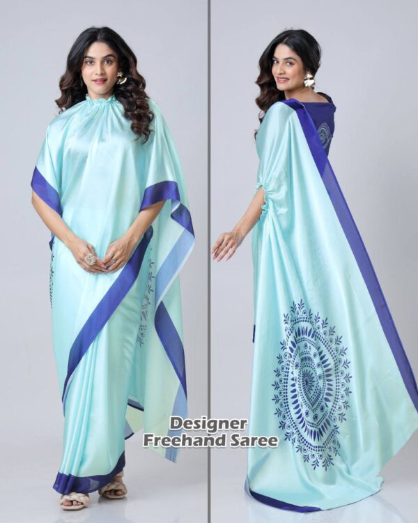 Women's Vibrant Lemon Yellow Satin Silk Kaftan Saree with Multi-Color Digital Print Yoke & Border Design - Image 16