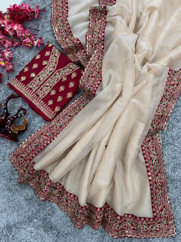 Women's Elegant Cream Georgette/Chiffon Saree with Maroon Zari & Thread Work Border – Paired with Heavy Embroidered Blouse for Wedding & Festive Wear - Image 6